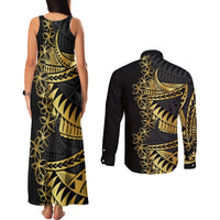 Polynesia Couples Matching Tank Maxi Dress and Long Sleeve Button Shirt Black & Gold Fancy Plumeria LT7 - Polynesian Pride