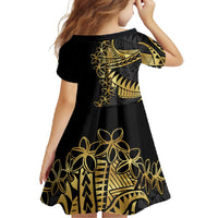 Polynesia Family Matching Long Sleeve Bodycon Dress and Hawaiian Shirt Black & Gold Fancy Plumeria