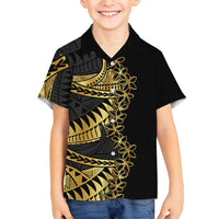 Polynesia Family Matching Off Shoulder Maxi Dress and Hawaiian Shirt Black & Gold Fancy Plumeria LT7 Son's Shirt Black Gold - Polynesian Pride