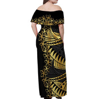 Polynesia Off Shoulder Maxi Dress Black & Gold Fancy Plumeria LT7 - Polynesian Pride