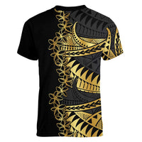 Polynesia Women V-Neck T-Shirt Black & Gold Fancy Plumeria LT7 - Polynesian Pride