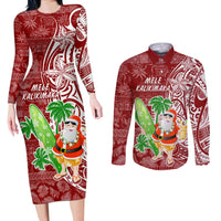Hawaii Christmas Mele Kalikimaka Couples Matching Long Sleeve Bodycon Dress and Long Sleeve Button Shirt Santa Claus LT7 Red - Polynesian Pride