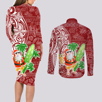 Hawaii Christmas Mele Kalikimaka Couples Matching Long Sleeve Bodycon Dress and Long Sleeve Button Shirt Santa Claus LT7 - Polynesian Pride