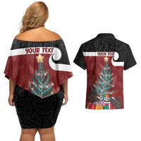Personalised New Zealand Maori Christmas Couples Matching Off Shoulder Short Dress and Hawaiian Shirt Xmas Fern Mix Kowhawhai
