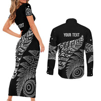 Aotearoa Personalized Lawn Bowls Maori Couples Matching Short Sleeve Bodycon Dress and Long Sleeve Button Shirt New Zealand Black Tribal Silver Fern - Polynesian Pride