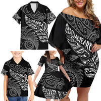 Aotearoa Personalized Lawn Bowls Maori Family Matching Off Shoulder Short Dress and Hawaiian Shirt New Zealand Black Tribal Silver Fern - Polynesian Pride