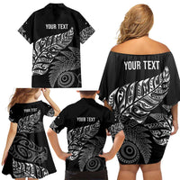 Aotearoa Personalized Lawn Bowls Maori Family Matching Off Shoulder Short Dress and Hawaiian Shirt New Zealand Black Tribal Silver Fern - Polynesian Pride