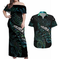 Aotearoa Personalized Lawn Bowls Maori Couples Matching Off Shoulder Maxi Dress and Hawaiian Shirt New Zealand Paua Shell Tribal Silver Fern - Polynesian Pride