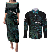 Aotearoa Personalized Lawn Bowls Maori Couples Matching Puletasi and Long Sleeve Button Shirt New Zealand Paua Shell Tribal Silver Fern - Polynesian Pride