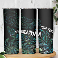 Aotearoa Personalized Lawn Bowls Maori Skinny Tumbler New Zealand Paua Shell Tribal Silver Fern - Polynesian Pride