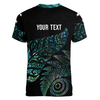 Aotearoa Personalized Lawn Bowls Maori Women V-Neck T-Shirt New Zealand Paua Shell Tribal Silver Fern - Polynesian Pride