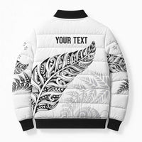 Aotearoa Personalized Lawn Bowls Maori Bomber Puffer Jacket New Zealand White Tribal Silver Fern - Polynesian Pride
