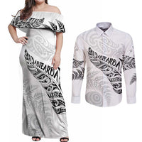 Aotearoa Personalized Lawn Bowls Maori Couples Matching Off Shoulder Maxi Dress and Long Sleeve Button Shirt New Zealand White Tribal Silver Fern - Polynesian Pride