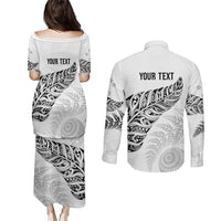 Aotearoa Personalized Lawn Bowls Maori Couples Matching Puletasi and Long Sleeve Button Shirt New Zealand White Tribal Silver Fern - Polynesian Pride