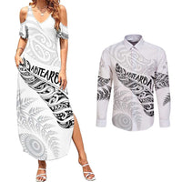 Aotearoa Personalized Lawn Bowls Maori Couples Matching Summer Maxi Dress and Long Sleeve Button Shirt New Zealand White Tribal Silver Fern - Polynesian Pride