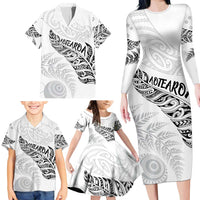 Aotearoa Personalized Lawn Bowls Maori Family Matching Long Sleeve Bodycon Dress and Hawaiian Shirt New Zealand White Tribal Silver Fern - Polynesian Pride