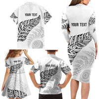Aotearoa Personalized Lawn Bowls Maori Family Matching Long Sleeve Bodycon Dress and Hawaiian Shirt New Zealand White Tribal Silver Fern - Polynesian Pride