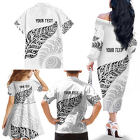 Aotearoa Personalized Lawn Bowls Maori Family Matching Off The Shoulder Long Sleeve Dress and Hawaiian Shirt New Zealand White Tribal Silver Fern - Polynesian Pride
