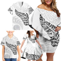 Aotearoa Personalized Lawn Bowls Maori Family Matching Off Shoulder Short Dress and Hawaiian Shirt New Zealand White Tribal Silver Fern - Polynesian Pride