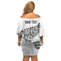 Aotearoa Personalized Lawn Bowls Maori Family Matching Off Shoulder Short Dress and Hawaiian Shirt New Zealand White Tribal Silver Fern - Polynesian Pride