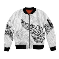 Aotearoa Personalized Lawn Bowls Maori Sleeve Zip Bomber Jacket New Zealand White Tribal Silver Fern - Polynesian Pride