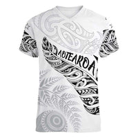 Aotearoa Personalized Lawn Bowls Maori Women V-Neck T-Shirt New Zealand White Tribal Silver Fern - Polynesian Pride