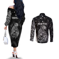 Personalised Maori Waitangi Couples Matching Off The Shoulder Long Sleeve Dress and Long Sleeve Button Shirt New Zealand Silver Fern Mix Kowhai Flowers LT7 - Polynesian Pride