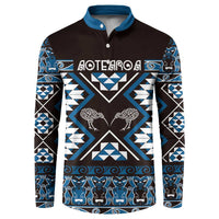 Personalised Taniko Motifs Aotearoa Button Sweatshirt Waitangi Kowhaiwhai Kiwi - Blue LT7 Blue - Polynesian Pride