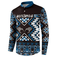 Personalised Taniko Motifs Aotearoa Button Sweatshirt Waitangi Kowhaiwhai Kiwi - Blue LT7 - Polynesian Pride