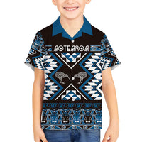 Personalised Taniko Motifs Aotearoa Family Matching Long Sleeve Bodycon Dress and Hawaiian Shirt Waitangi Kowhaiwhai Kiwi - Blue