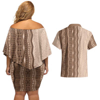 Vintage Beige Hawaiian Traditional Kapa Mix Flowers Lei Couples Matching Off Shoulder Short Dress and Hawaiian Shirt