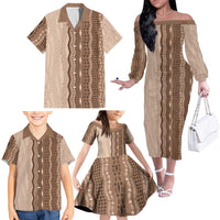 Vintage Beige Hawaiian Traditional Kapa Mix Flowers Lei Family Matching Off The Shoulder Long Sleeve Dress and Hawaiian Shirt