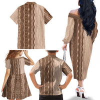 Vintage Beige Hawaiian Traditional Kapa Mix Flowers Lei Family Matching Off The Shoulder Long Sleeve Dress and Hawaiian Shirt