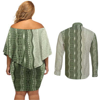 Vintage Sage Green Hawaiian Traditional Kapa Mix Flowers Lei Couples Matching Off Shoulder Short Dress and Long Sleeve Button Shirt