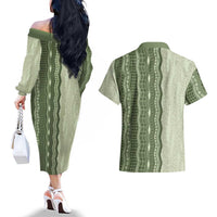 Vintage Sage Green Hawaiian Traditional Kapa Mix Flowers Lei Couples Matching Off The Shoulder Long Sleeve Dress and Hawaiian Shirt