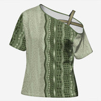 Vintage Sage Green Hawaiian Traditional Kapa Mix Flowers Lei Cross Shoulder Shirt LT7 Female Sage Green - Polynesian Pride