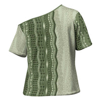 Vintage Sage Green Hawaiian Traditional Kapa Mix Flowers Lei Cross Shoulder Shirt LT7 - Polynesian Pride
