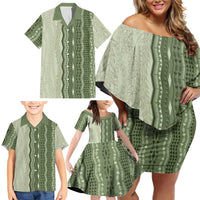 Vintage Sage Green Hawaiian Traditional Kapa Mix Flowers Lei Family Matching Off Shoulder Short Dress and Hawaiian Shirt
