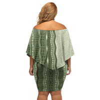 Vintage Sage Green Hawaiian Traditional Kapa Mix Flowers Lei Family Matching Off Shoulder Short Dress and Hawaiian Shirt