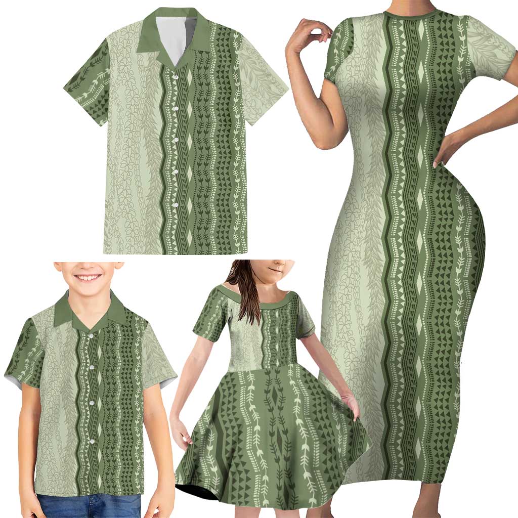 Vintage Sage Green Hawaiian Traditional Kapa Mix Flowers Lei Family Matching Short Sleeve Bodycon Dress and Hawaiian Shirt