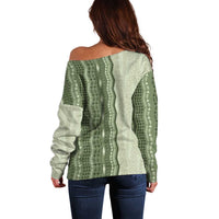 Vintage Sage Green Hawaiian Traditional Kapa Mix Flowers Lei Off Shoulder Sweater LT7 - Polynesian Pride