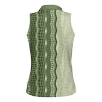 Vintage Sage Green Hawaiian Traditional Kapa Mix Flowers Lei Women Sleeveless Polo Shirt