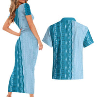 Vintage Cobalt Blue Hawaiian Traditional Kapa Mix Flowers Lei Couples Matching Short Sleeve Bodycon Dress and Hawaiian Shirt