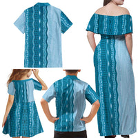 Vintage Cobalt Blue Hawaiian Traditional Kapa Mix Flowers Lei Family Matching Off Shoulder Maxi Dress and Hawaiian Shirt
