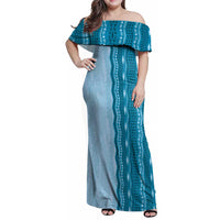 Vintage Cobalt Blue Hawaiian Traditional Kapa Mix Flowers Lei Family Matching Off Shoulder Maxi Dress and Hawaiian Shirt