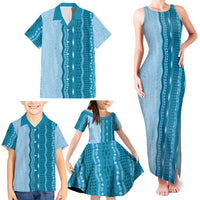 Vintage Cobalt Blue Hawaiian Traditional Kapa Mix Flowers Lei Family Matching Tank Maxi Dress and Hawaiian Shirt