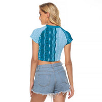 Vintage Cobalt Blue Hawaiian Traditional Kapa Mix Flowers Lei Raglan Cropped T Shirt LT7 - Polynesian Pride