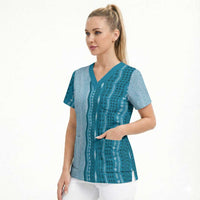 Vintage Cobalt Blue Hawaiian Traditional Kapa Mix Flowers Lei Scrub Top LT7 - Polynesian Pride