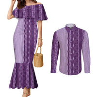 Vintage Violet Hawaiian Traditional Kapa Mix Flowers Lei Couples Matching Mermaid Dress and Long Sleeve Button Shirt