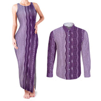 Vintage Violet Hawaiian Traditional Kapa Mix Flowers Lei Couples Matching Tank Maxi Dress and Long Sleeve Button Shirt